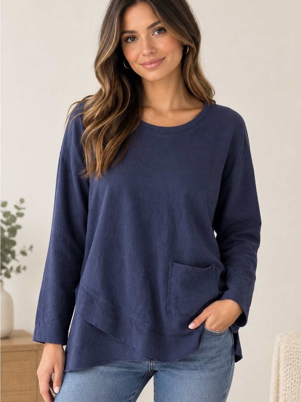 Soft Surroundings Navy Asymmetrical Pocket Pullover